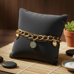 Double Chain 18K Gold Plated Stainless Steel Bracelet with Heart Evil Eye